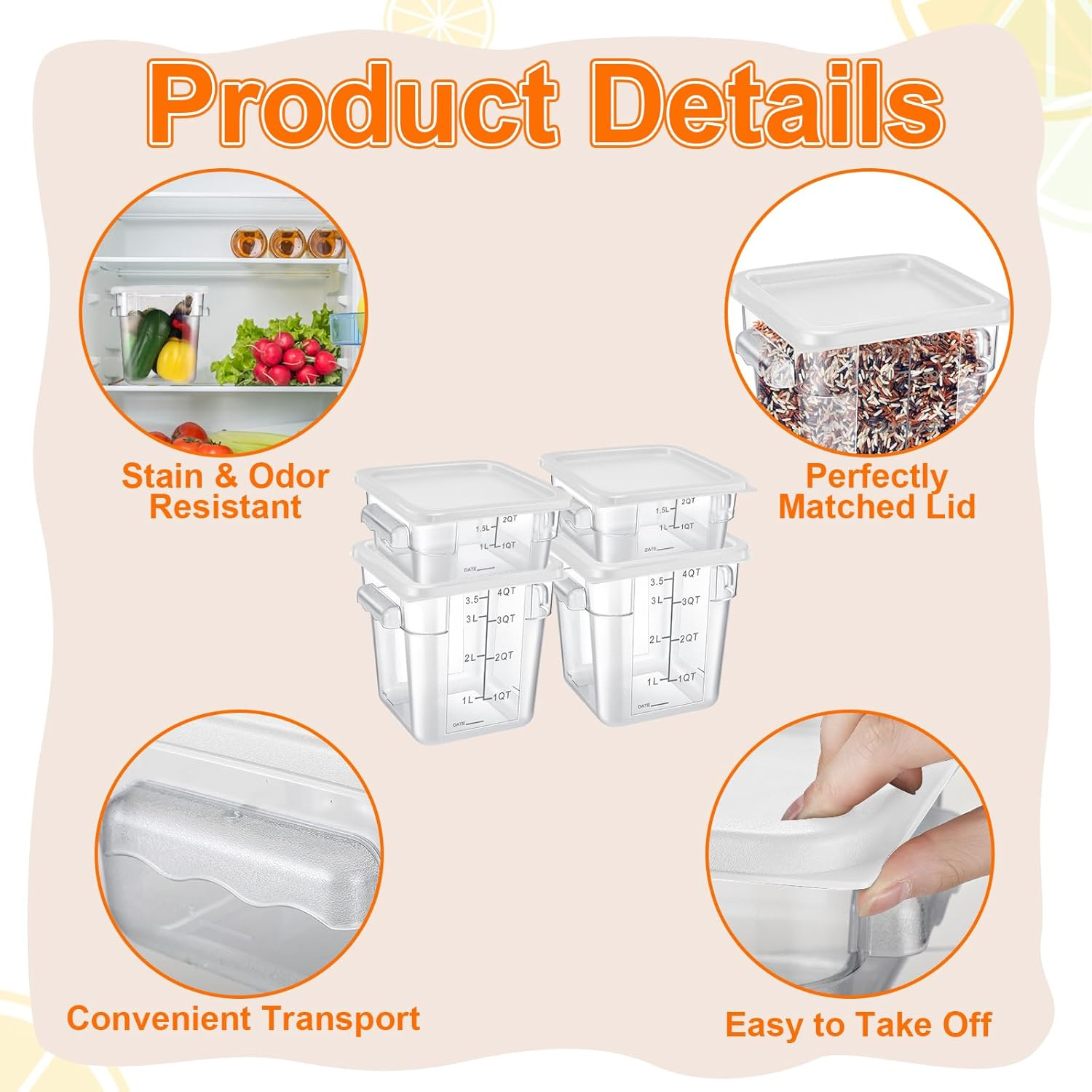 8 Pcs Food Storage Container with Lids Set 2Qt and 4Qt Square Clear Commercial C