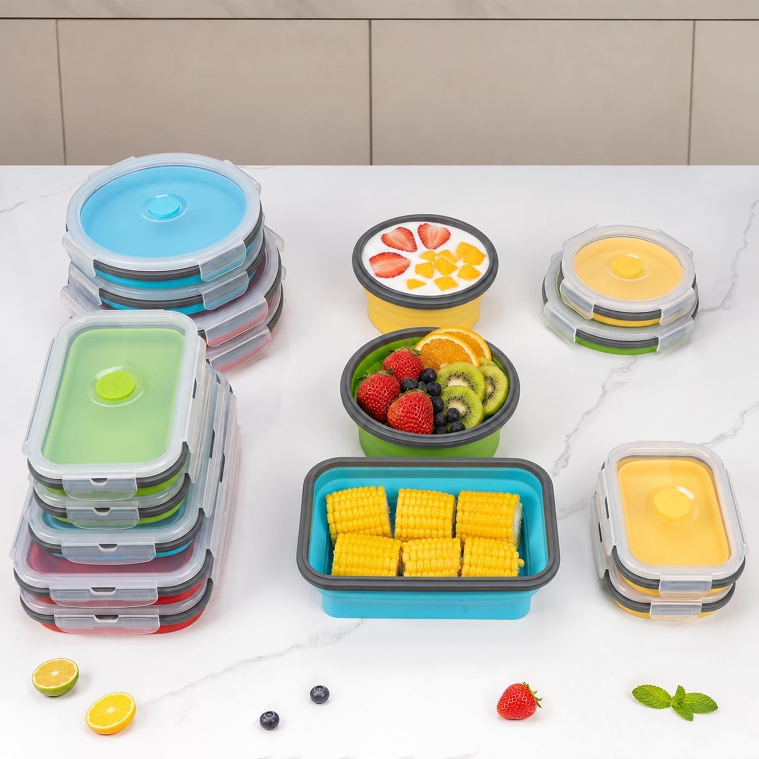 16-Pack Collapsible Silicone Food Storage Containers – Microwave & Freezer Safe