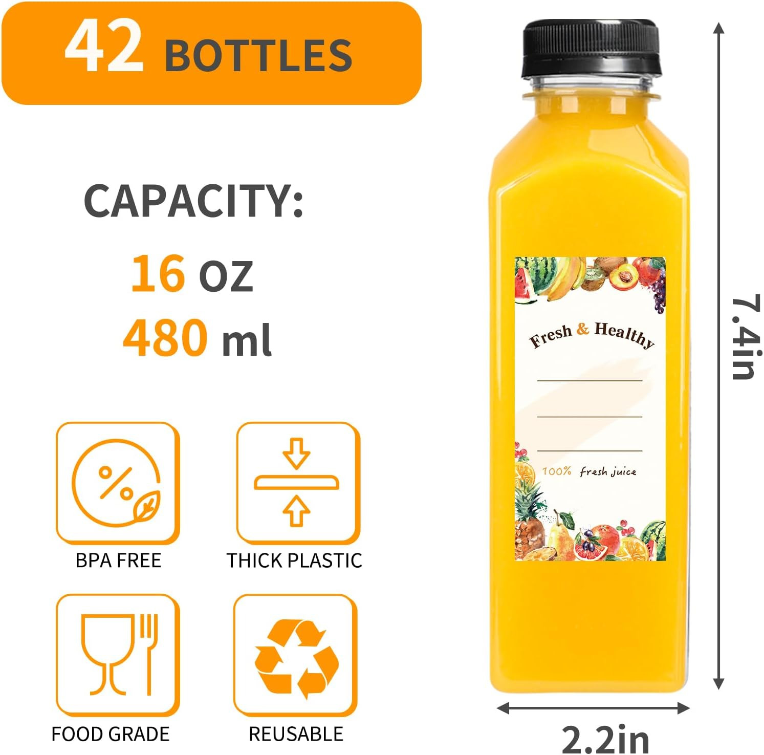 42Pcs 16Oz Plastic Juice Bottles with Caps, Reusable Juicing Bottles with Lid…