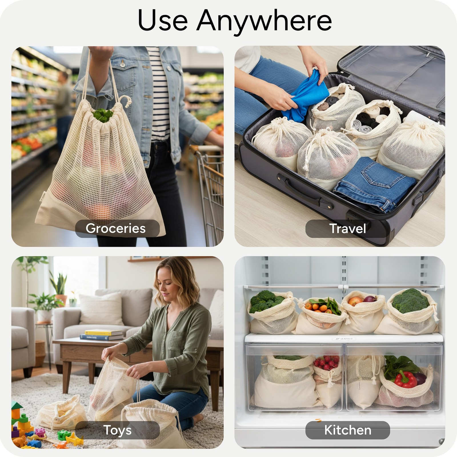 LEAFICO Reusable Produce Bags – 100% Cotton Mesh & Solid Hybrid (Medium 10×12 in