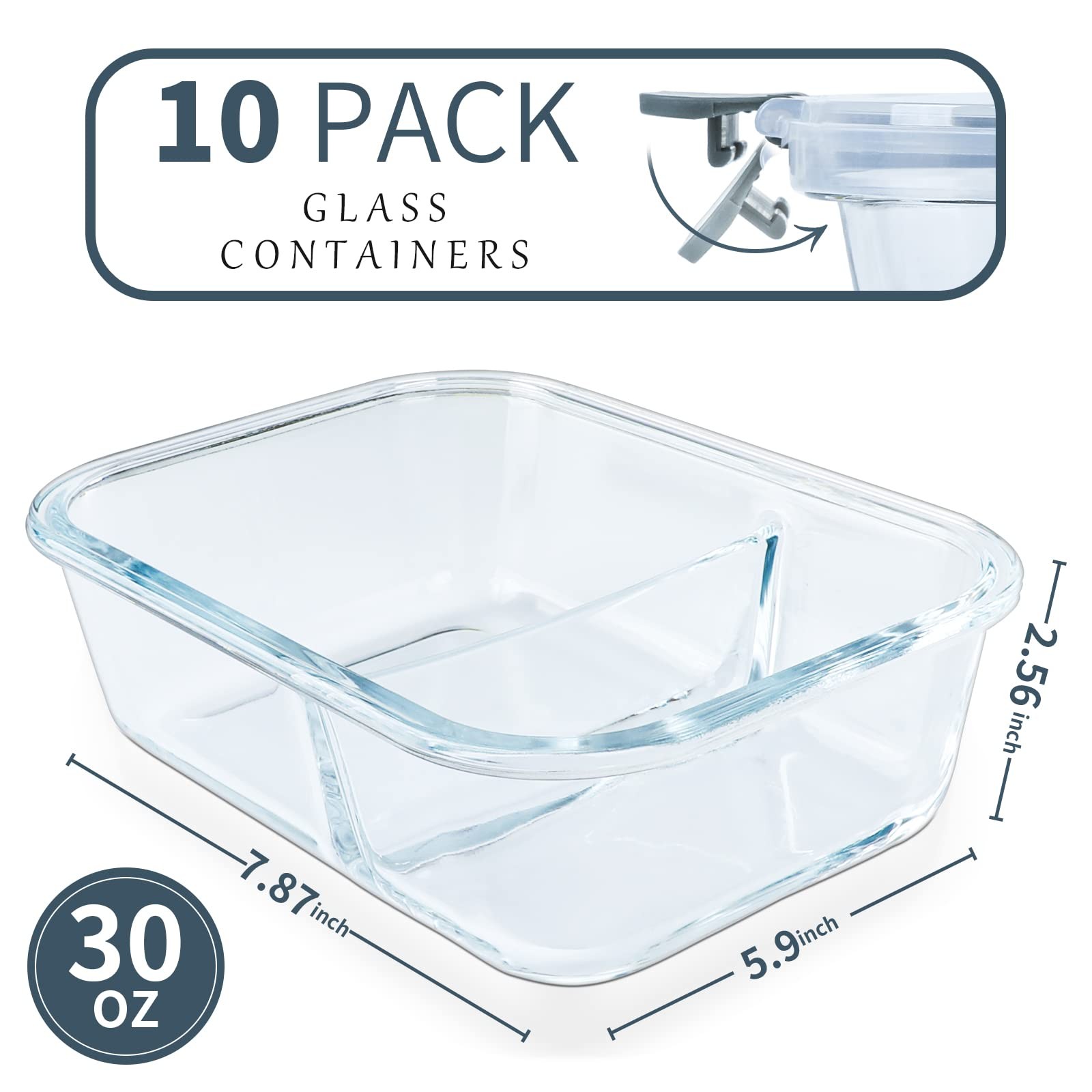 10 Pack 30oz Glass Meal Prep Containers, 2 Compartment, Airtight, Microwave Safe