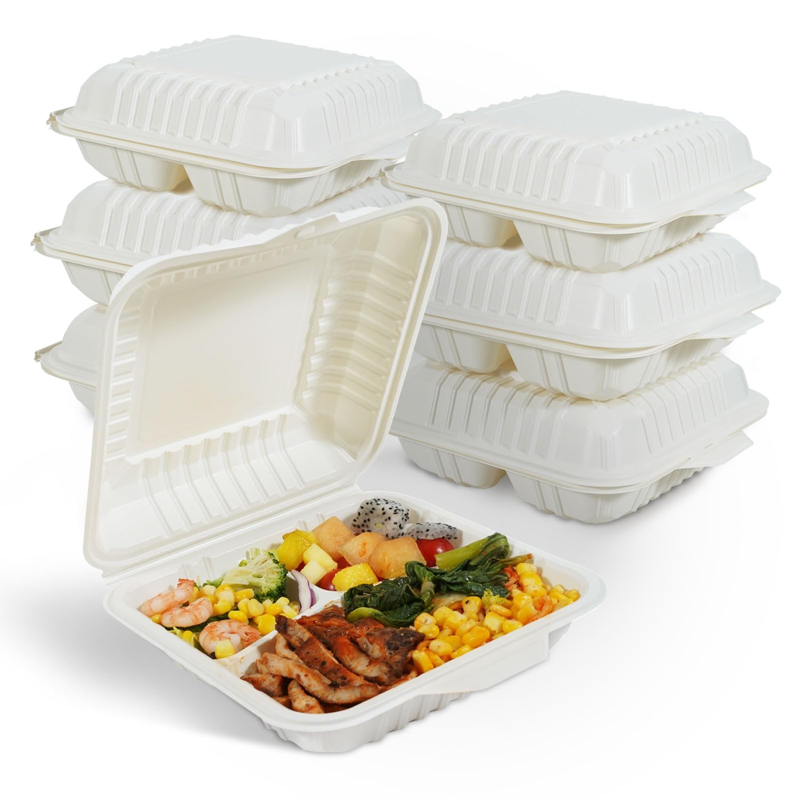 50-Pack 8×8 Inch Clamshell Take Out Food Containers|Lunch Containers with Com…