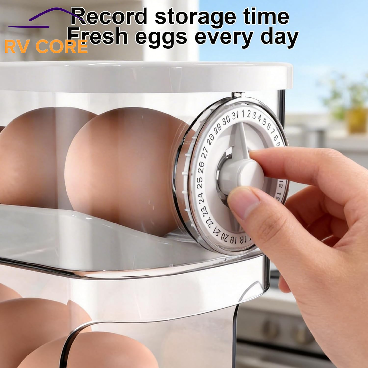 Rolling Egg Holder for Refrigerator Covered Dispenser w/ Timer Holds 12 Eggs