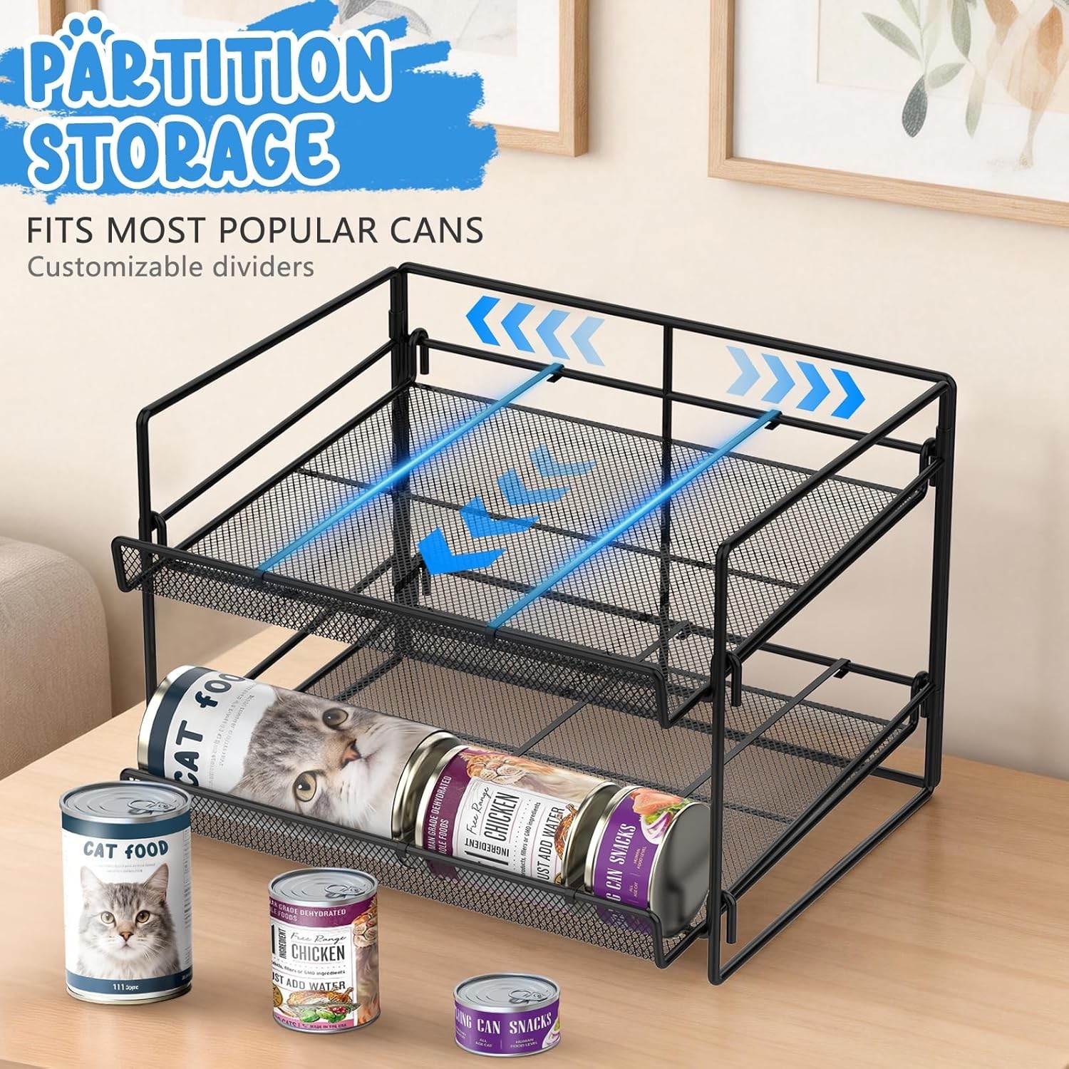 Cat Food Can Organizer, Can Organizer for Pantry, 2-Tier Metal Cat Food Storage