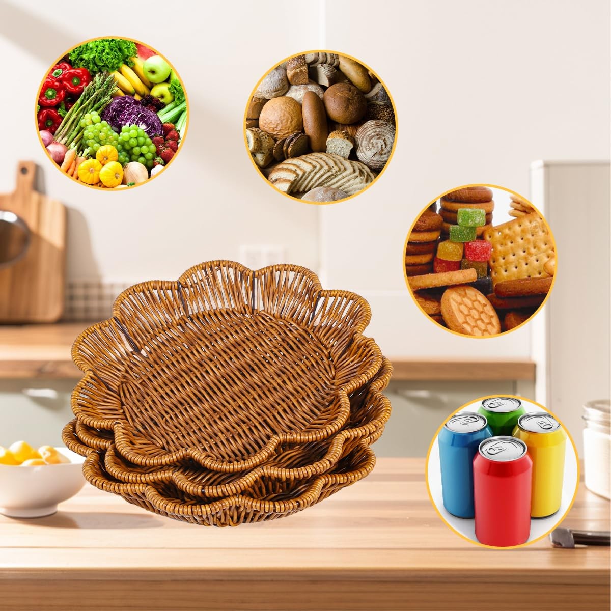 3pcs Poly Wicker Bread Basket,Imitation Woven Fruit Basket Tabletop Tray,Hand…