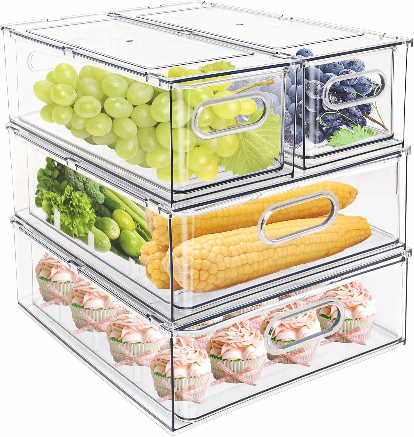 4 pack Stackable Refrigerator Organizer Bins Pull-Out Drawers Fruit & Veggies