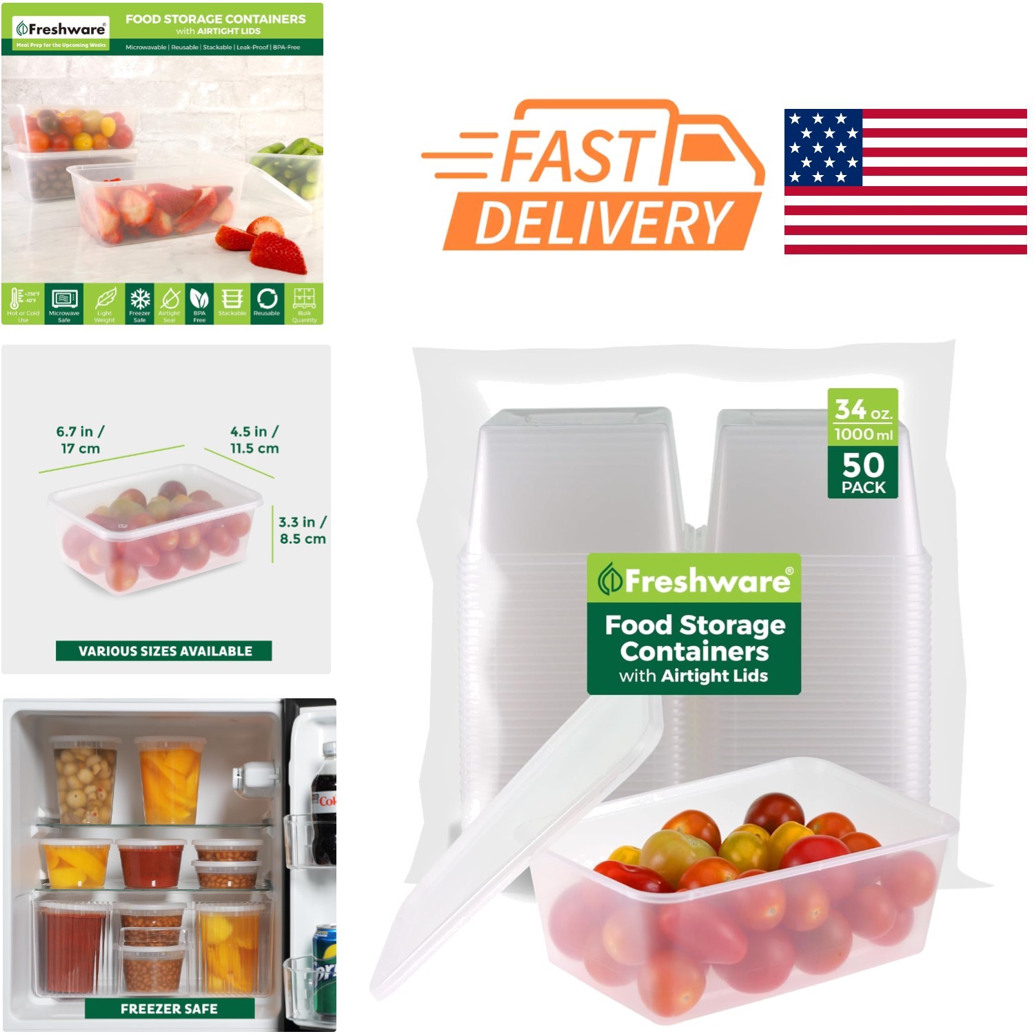 Clear Plastic Meal Prep Containers 34 Oz Airtight Leakproof Storage 50 Count