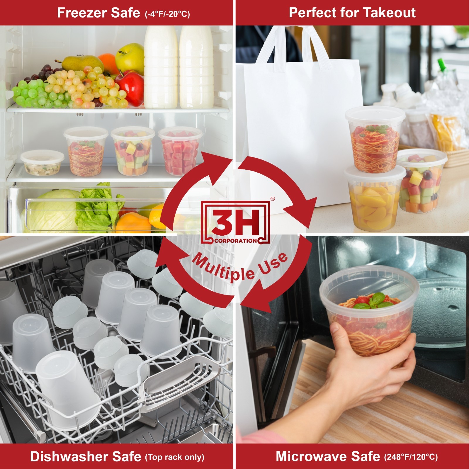 3H US Deli Container with Lid [24 oz – 240Sets] Food Storage Container, Soup Cup