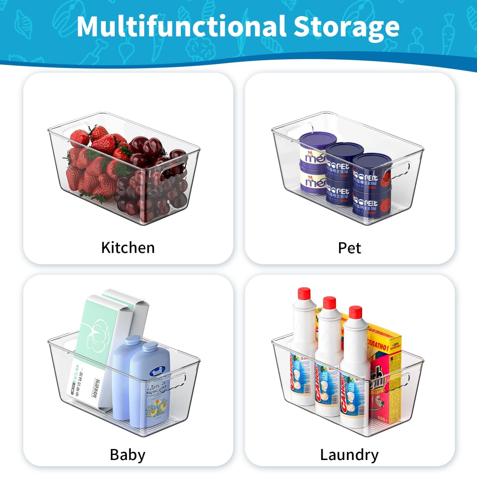 6 Pack Clear Storage Bins Set – Fridge & Pantry Organizer Containers with Handle