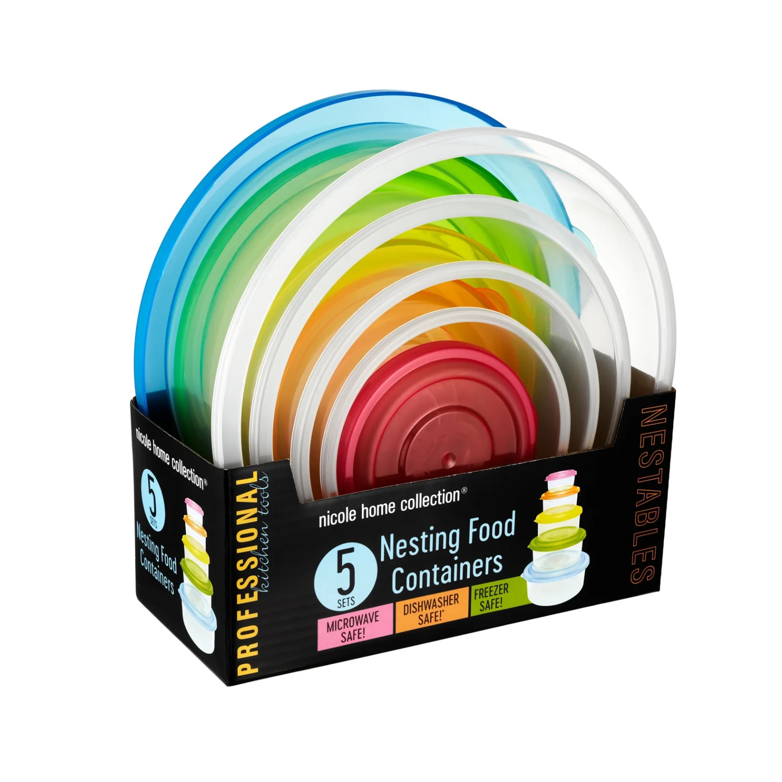 Nicole Home Collection – 5 Sizes of Round Nesting Food Containers w/ Lids – NEW