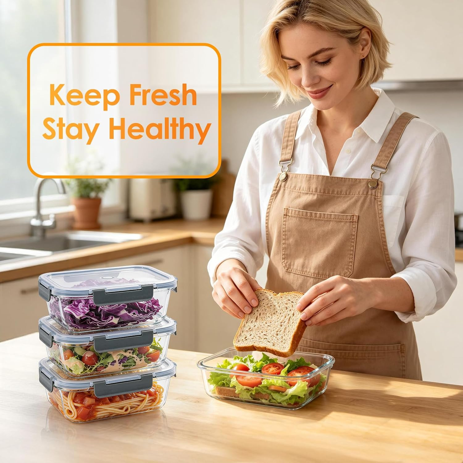 5Pack 22oz Glass Storage Containers with Lids, Glass Meal Prep Containers Set, A