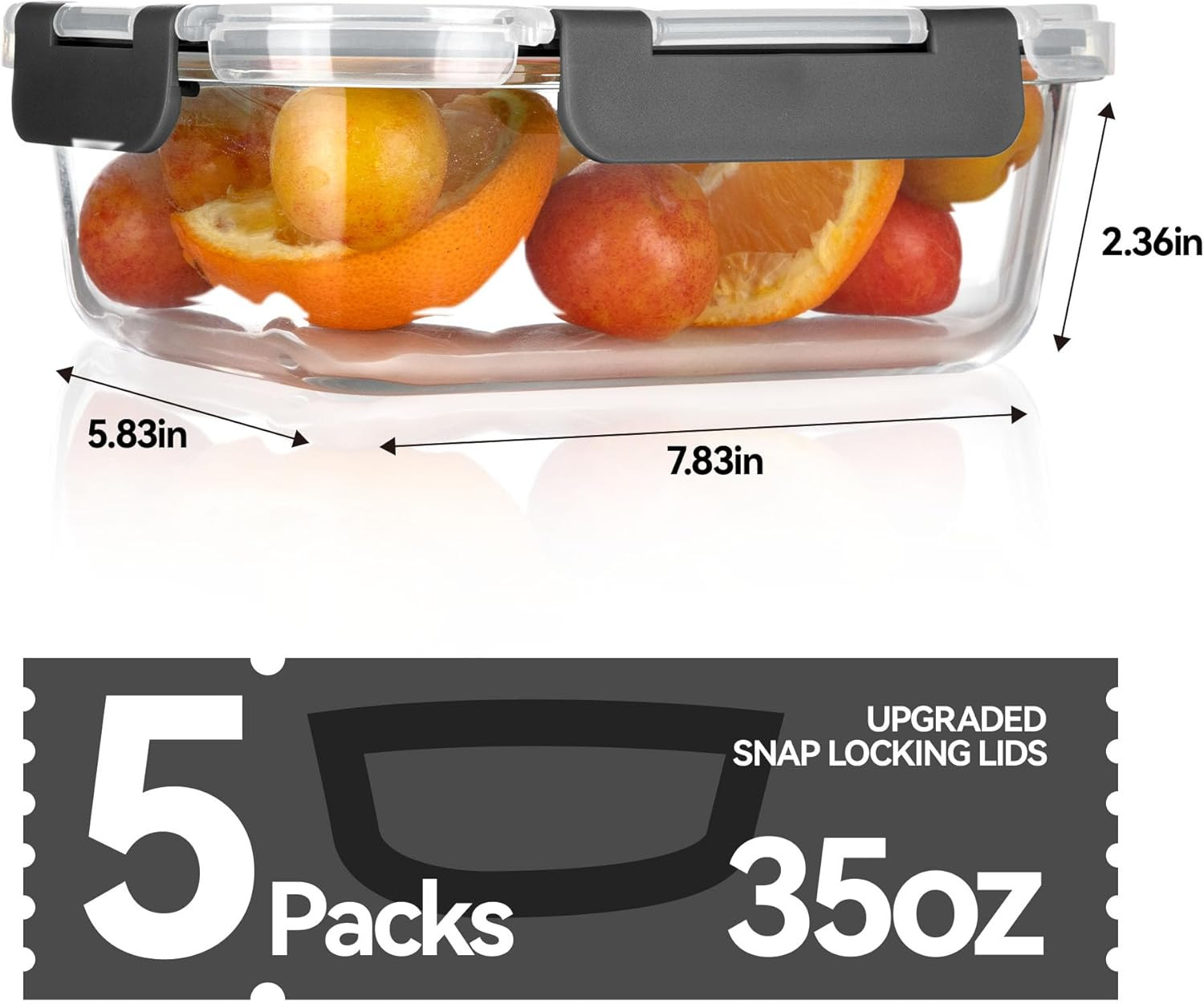 BAYZZ Glass Food Storage Containers, 5 Pack 35 Oz Glass Meal Prep Containers, Lu