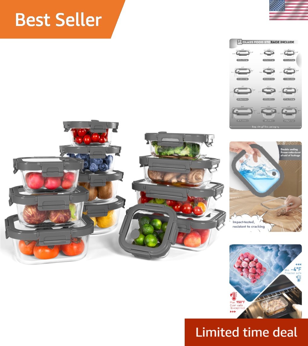 12-Pack Borosilicate Glass Containers with Tempered Lids – Oven Safe & Airtight