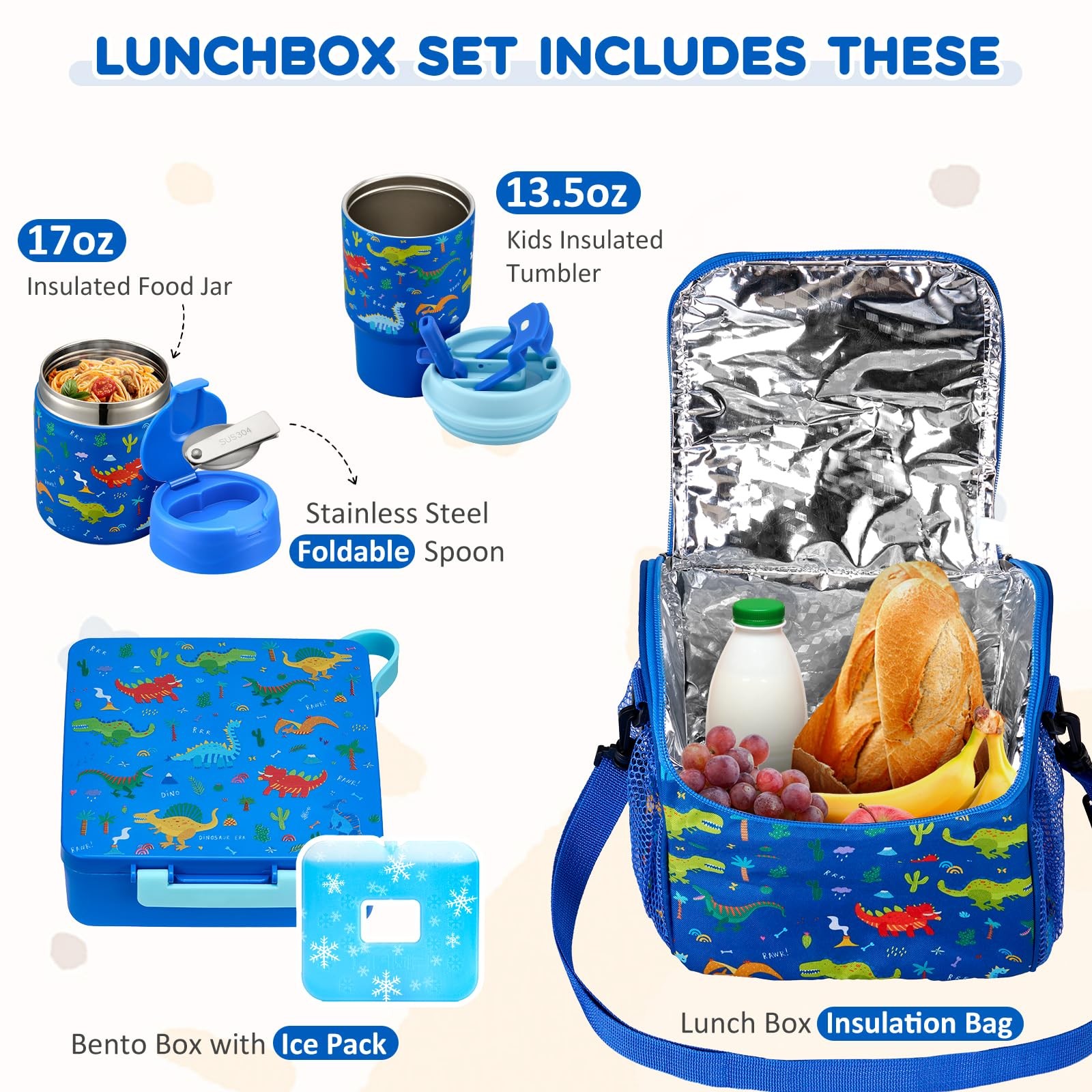Pawtong Lunch Box Set with Bento Container, 17OZ Small, Blue-Dinasour
