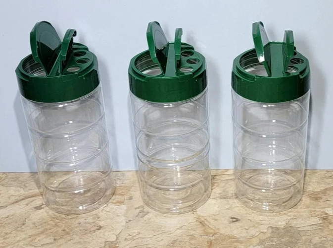 3pc set of Plastic Containers with Green Cap Dispenser Lids/ Food Craft Storage