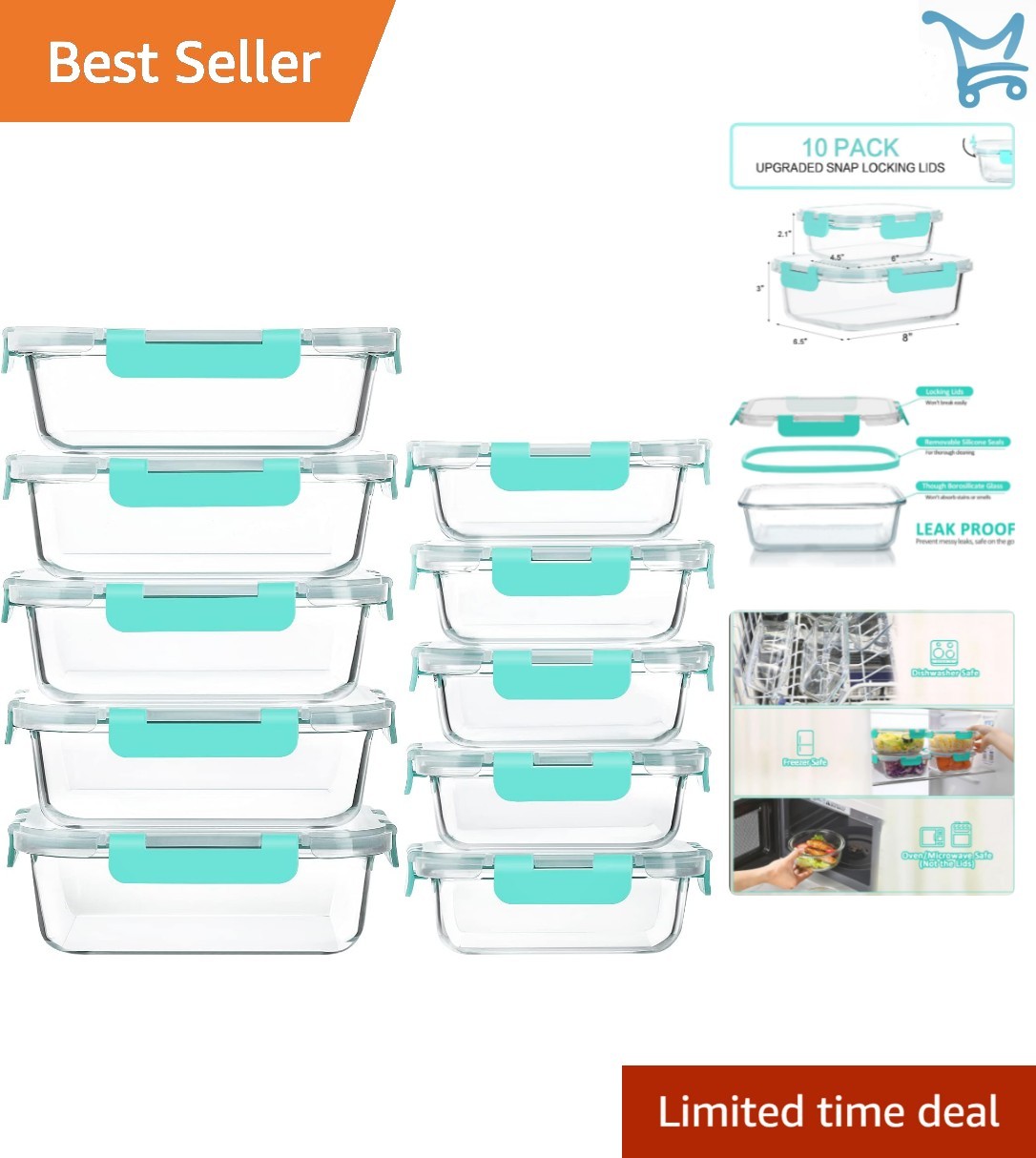 10-Pack Glass Meal Prep Containers with Lids Airtight Microwave Dishwasher Oven