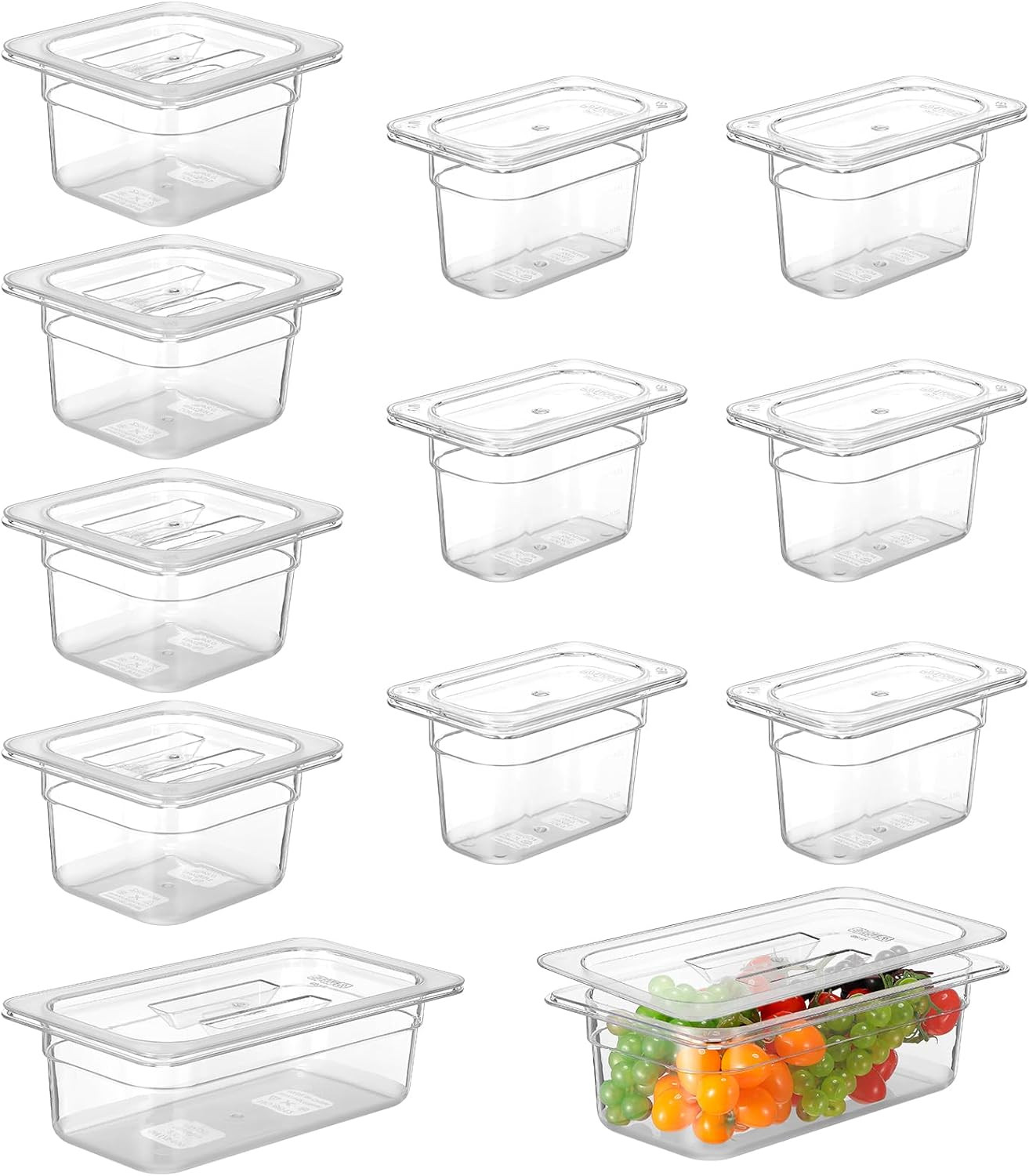 12 Pcs Plastic Food Pans with Lids 1/3, 1/6, 1/9 Size 4” Deep Clear Stackable P