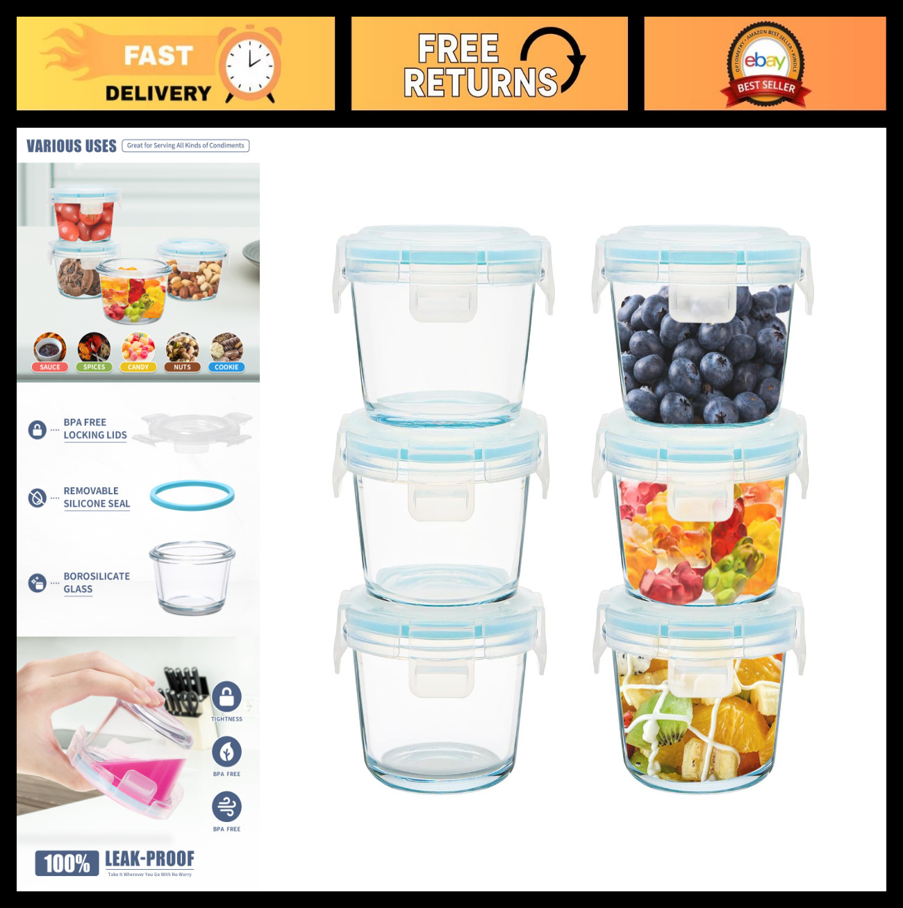 Set of 6 Mini Glass Food Storage Containers, 5oz, Airtight & Leakproof, Reusable