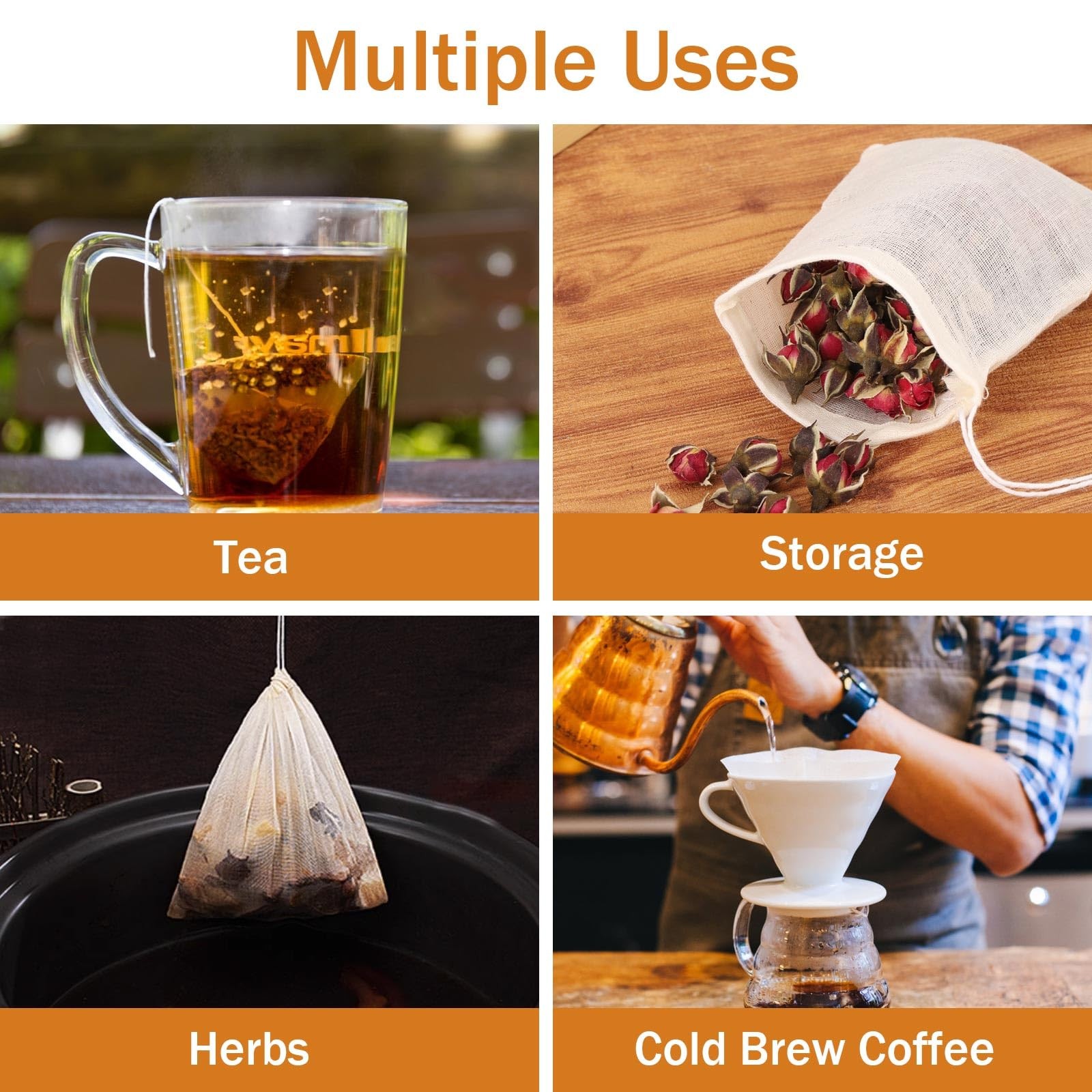 100Pcs Muslin Bags with Drawstring, 3×4 Inch Reusable Empty Tea S, White