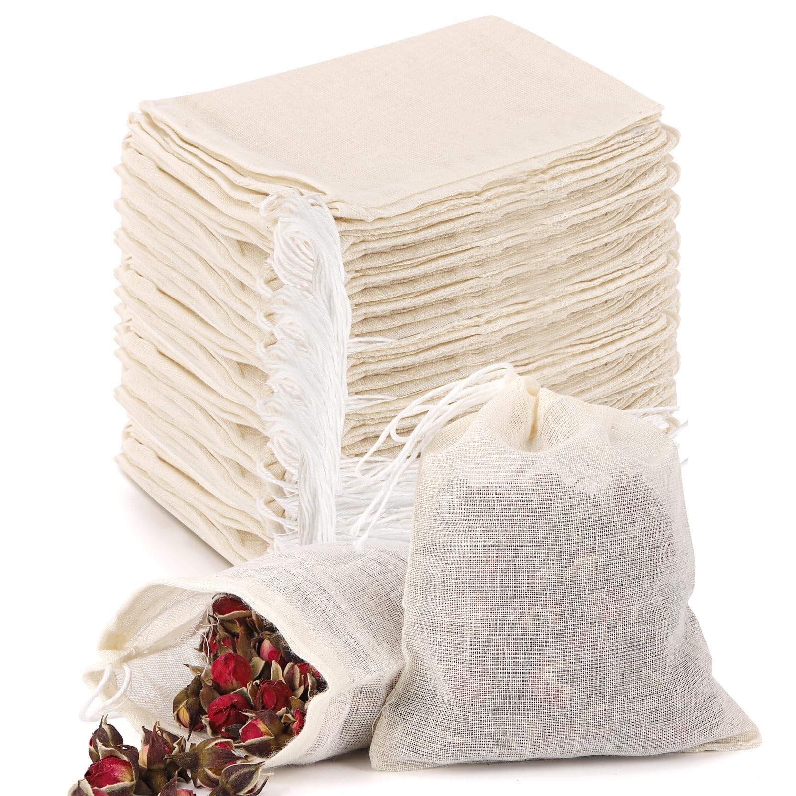 100Pcs Muslin Bags with Drawstring, 3×4 Inch Reusable Empty Tea S, White
