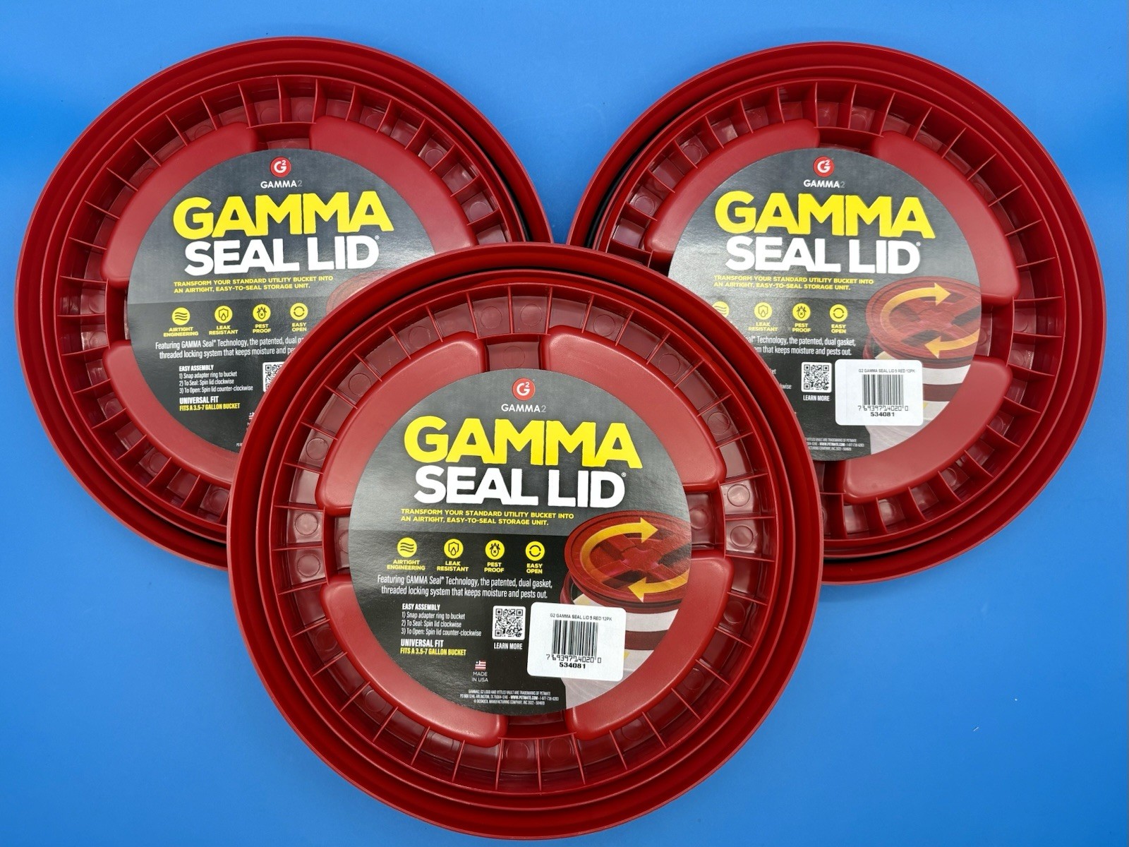 THREE (3) Red Gamma Seal Bucket Lids -Fit 3.5-7 Gal. Buckets w 12″ Lid, USA MADE