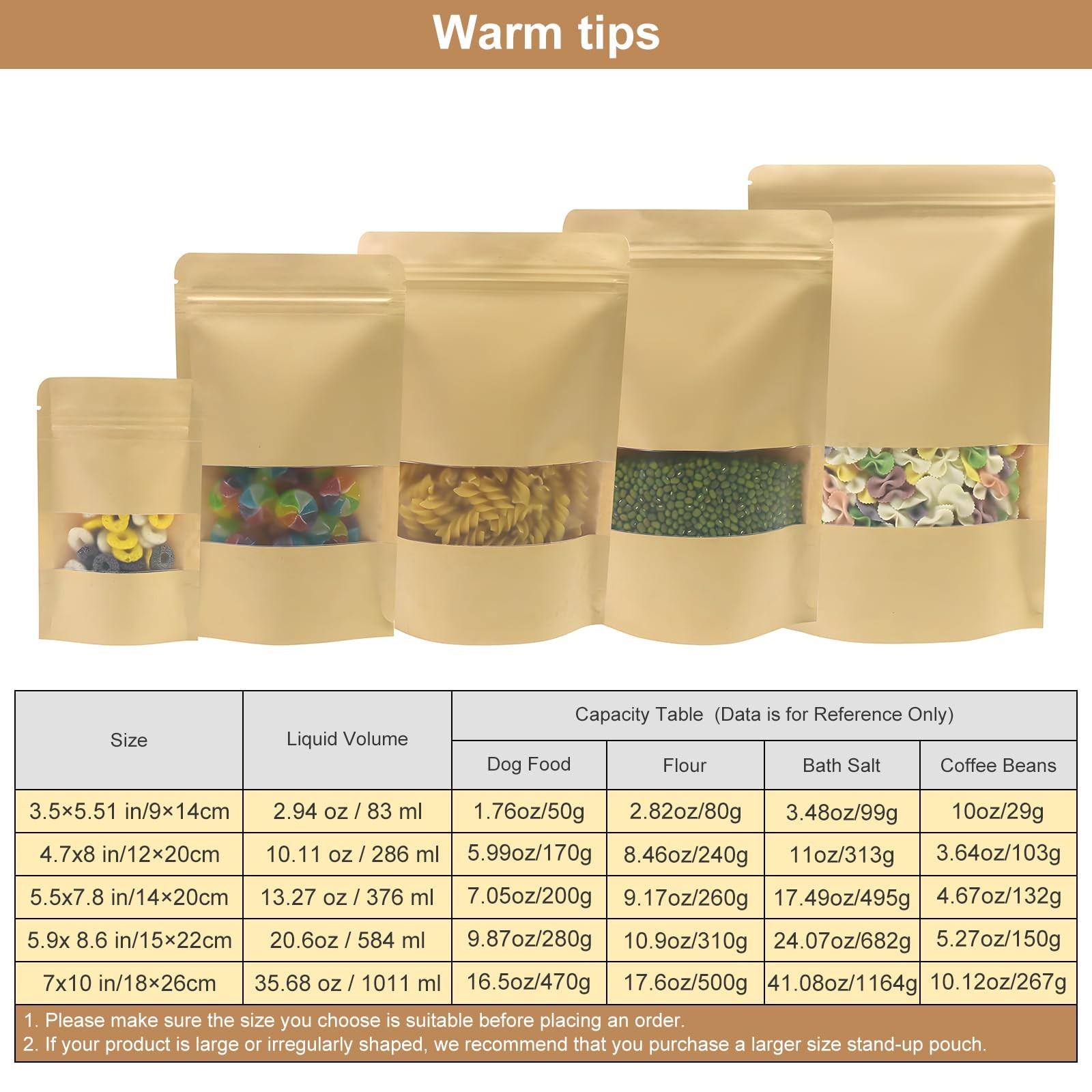 Kraft Food Bags with Window – Resealable Kraft Stand Up Pouches, 50Pack 4.7×7…