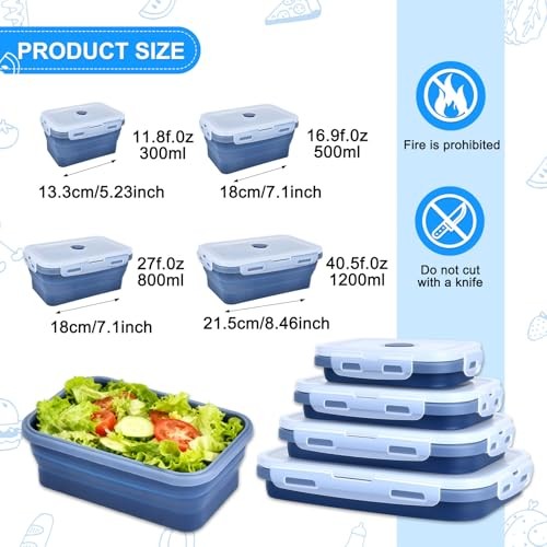 Collapsible Silicone Food Storage Containers 4 Set Airtight Leak Navy blue