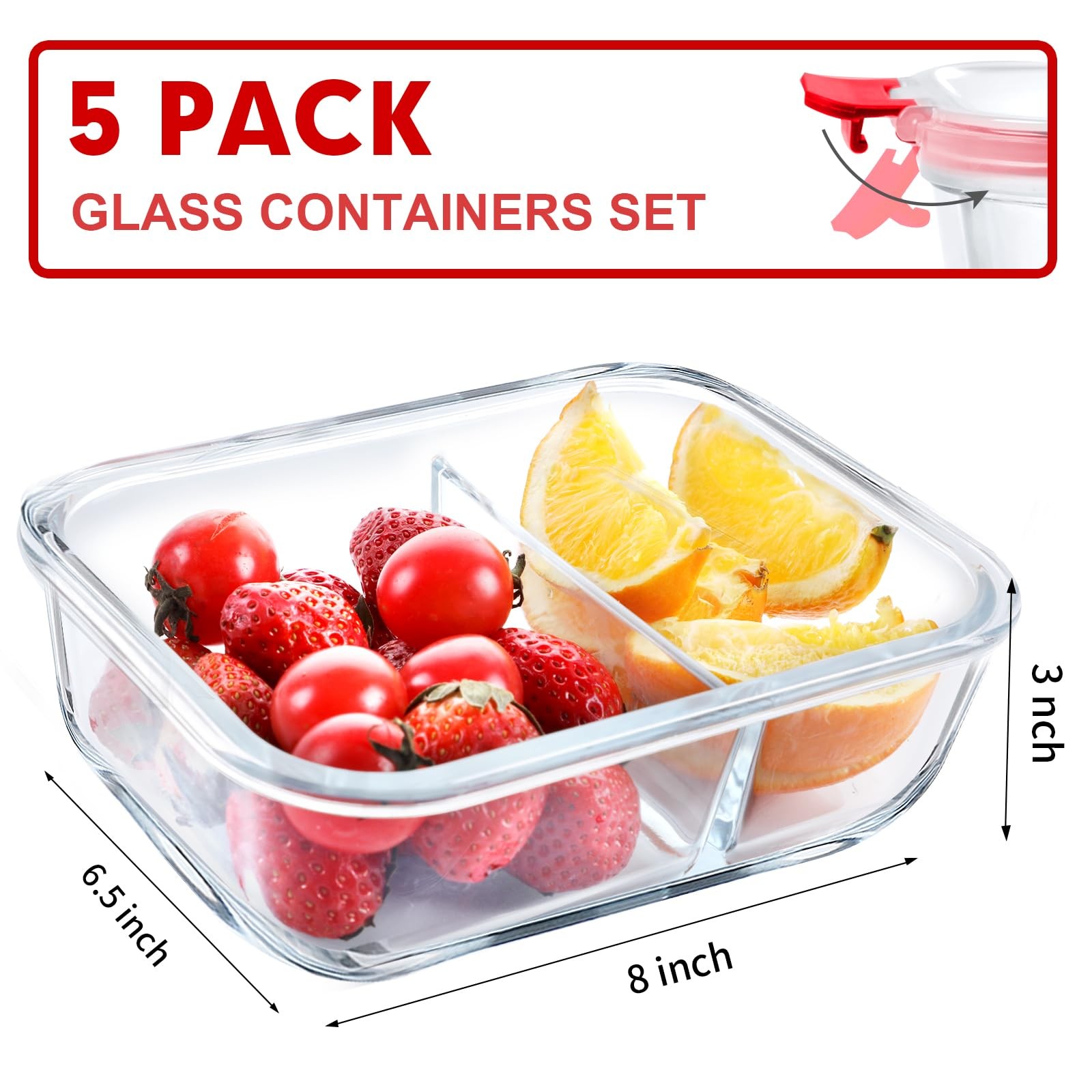 5 Pack Glass Meal Prep Containers 2 Compartment Set, 36OZ Airtight Glass Lunc…