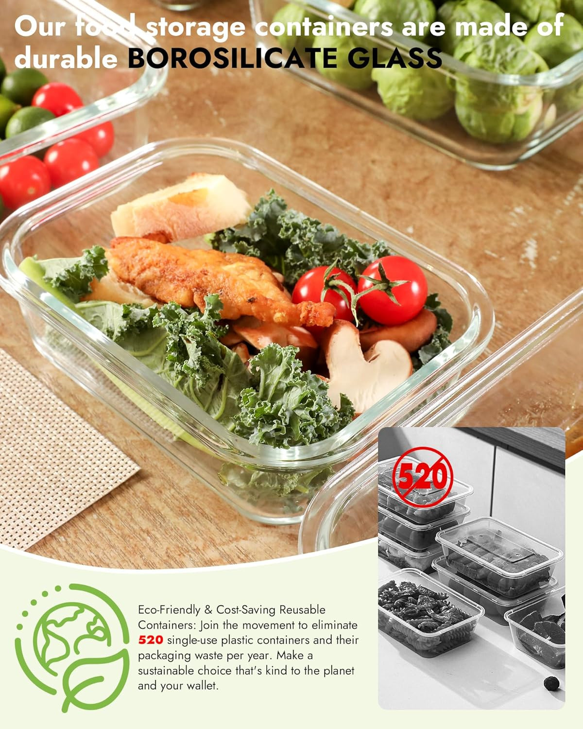 12-Pack Glass Containers with Tempered Lids – Borosilicate, Oven-Safe(-4°F~950°F