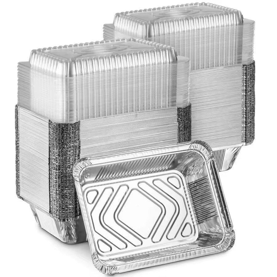 100 Pack Aluminum Foil Food Containers with Lids, Disposable Takeout Trays, Drip