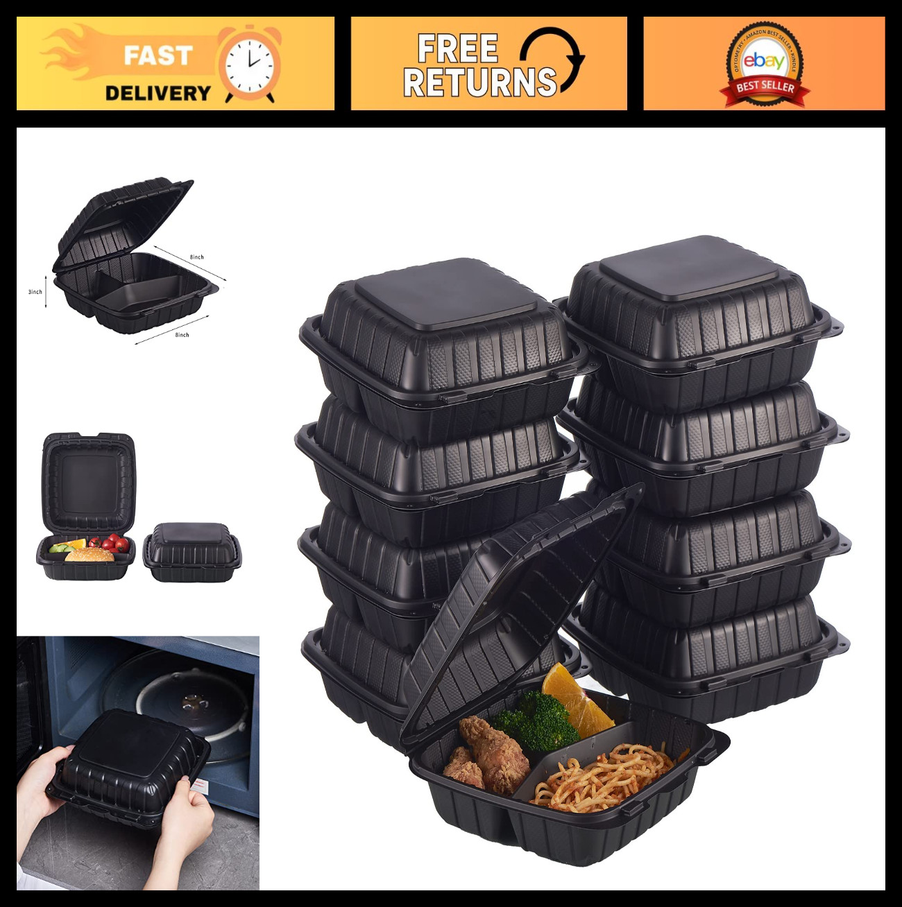 50-Pack Heavy Duty 3-Compartment Clamshell Takeout Food Trays – Disposable Meal