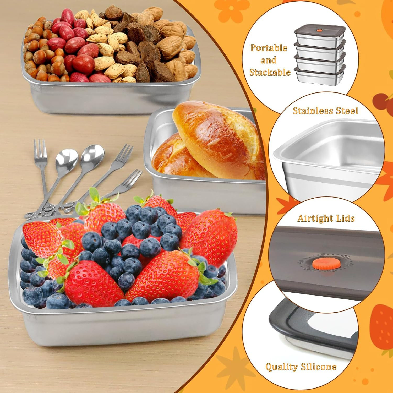 10Pcs 316 Stainless Steel Food Storage Containers Airtight Lids 50Oz/1500Ml Fres