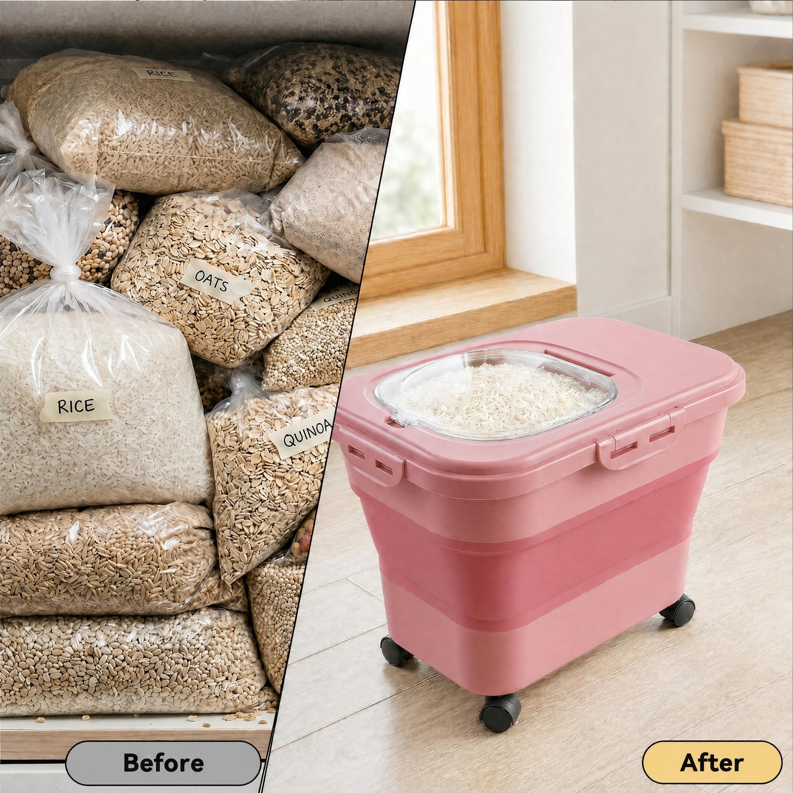 Rice Storage Container Collapsible 20-28 Lbs Food Large, Pink