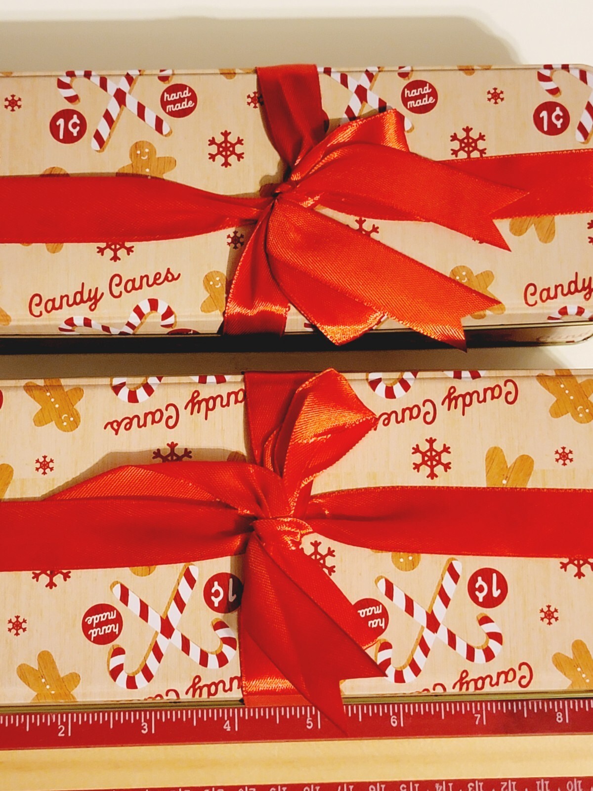 Set 2 Christmas Cookie Candy Tin Gift Box Rectangular Biege Tin W/ Red Candy