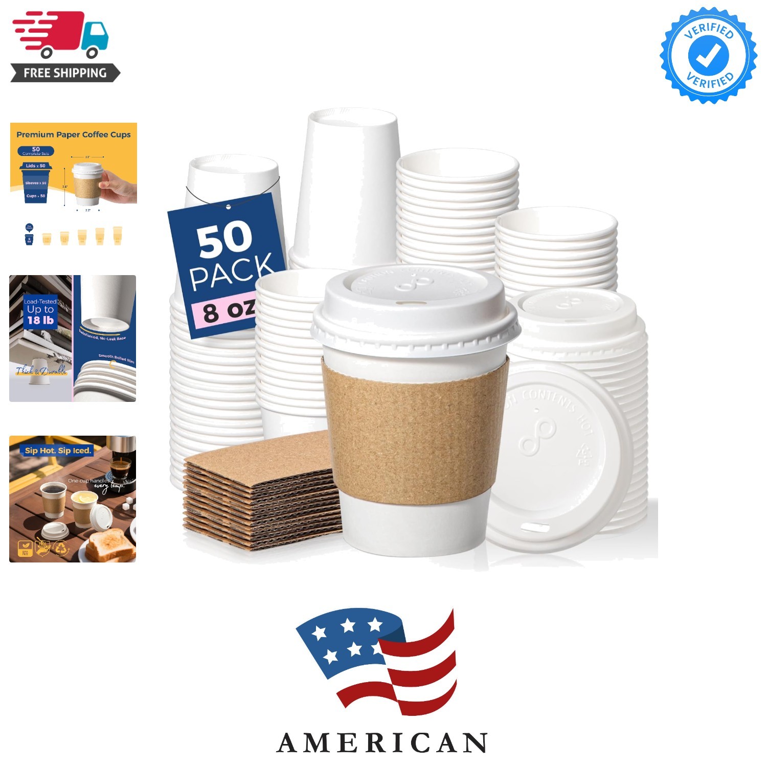 50 Pack 8 oz Disposable Coffee Cups with Lids, Sleeves, Leak-Proof To Go Coff…