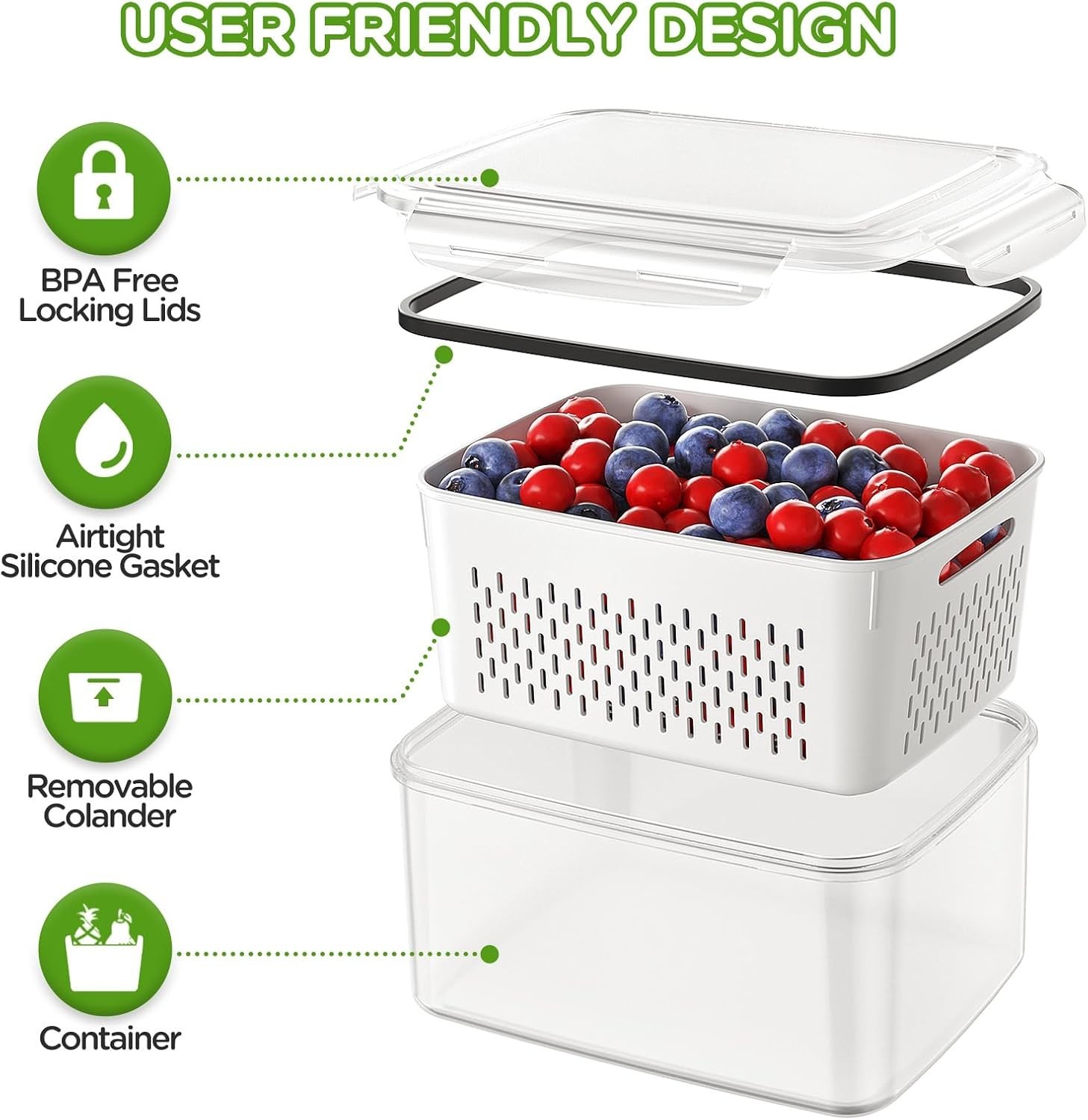 Fruit Storage Containers Set for Fridge Produce Veggie Salad with Lids 4 Pack