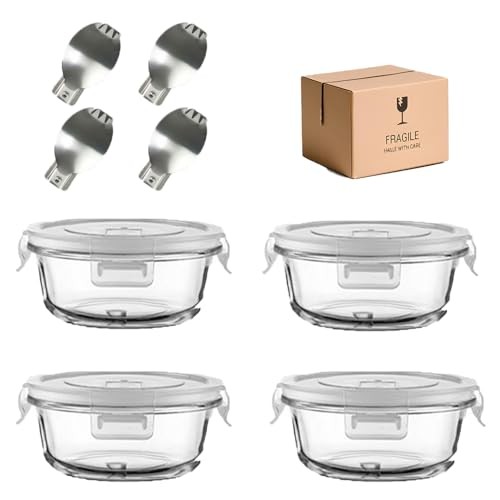 1.5 Cup Round Glass Food Containers with Lids and Folding Spoon, 4 color-370w