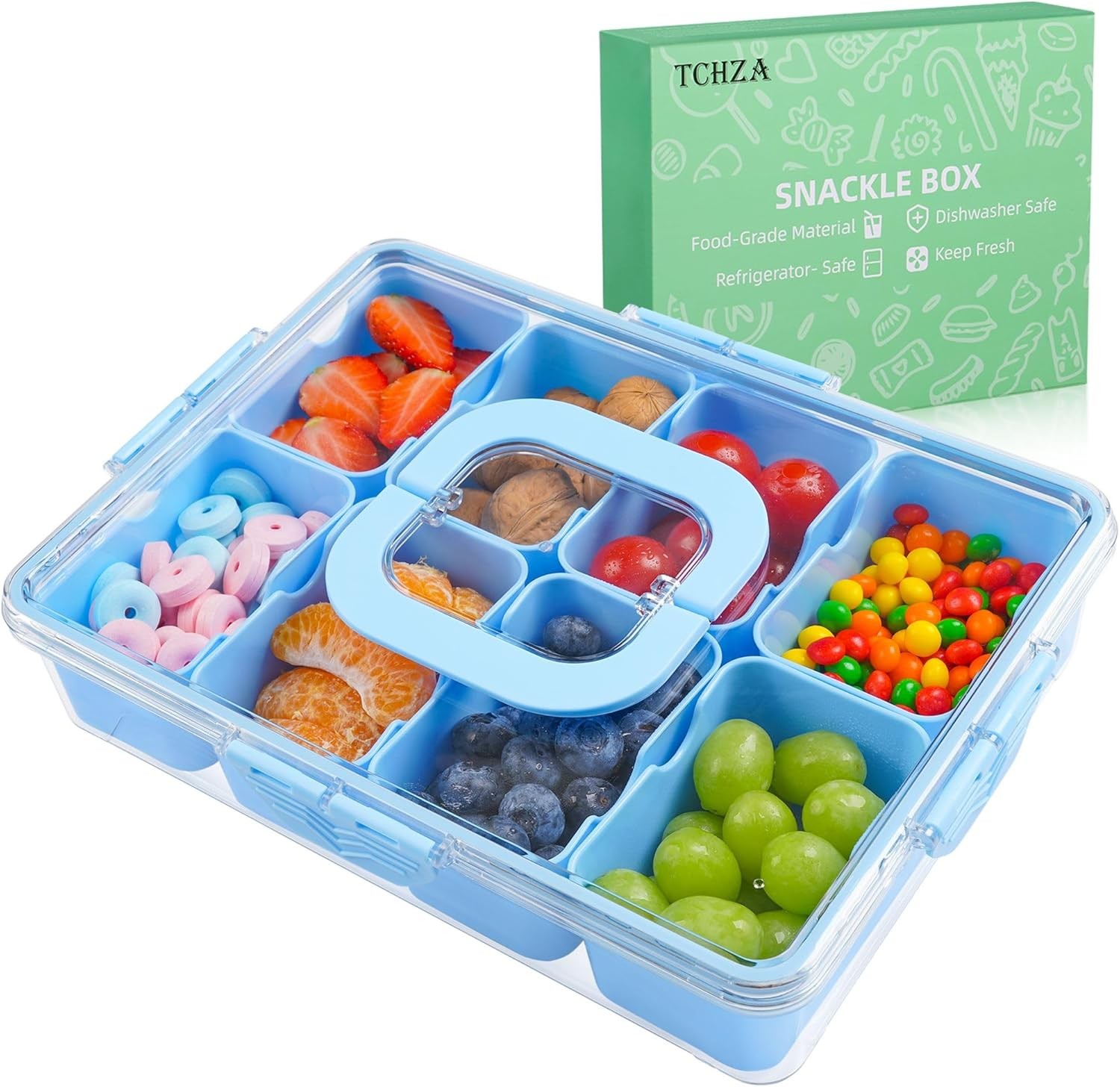 Snackle Box Container Dishwasher Safety Divided Serving Tray W/ Lid & Handle