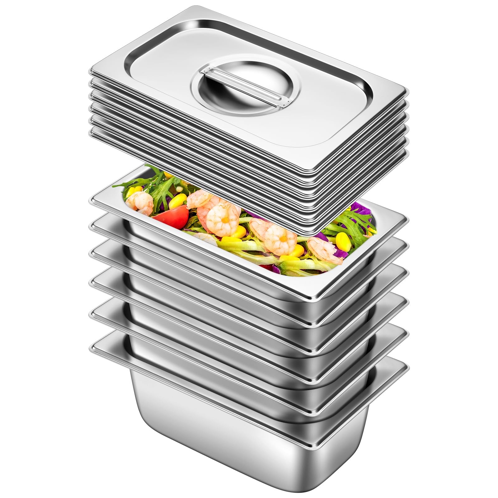 Hotel Pan with Lids 6 Pack 1/4 Size 4″ Deep Stainless Steel Steam Table Pan, …