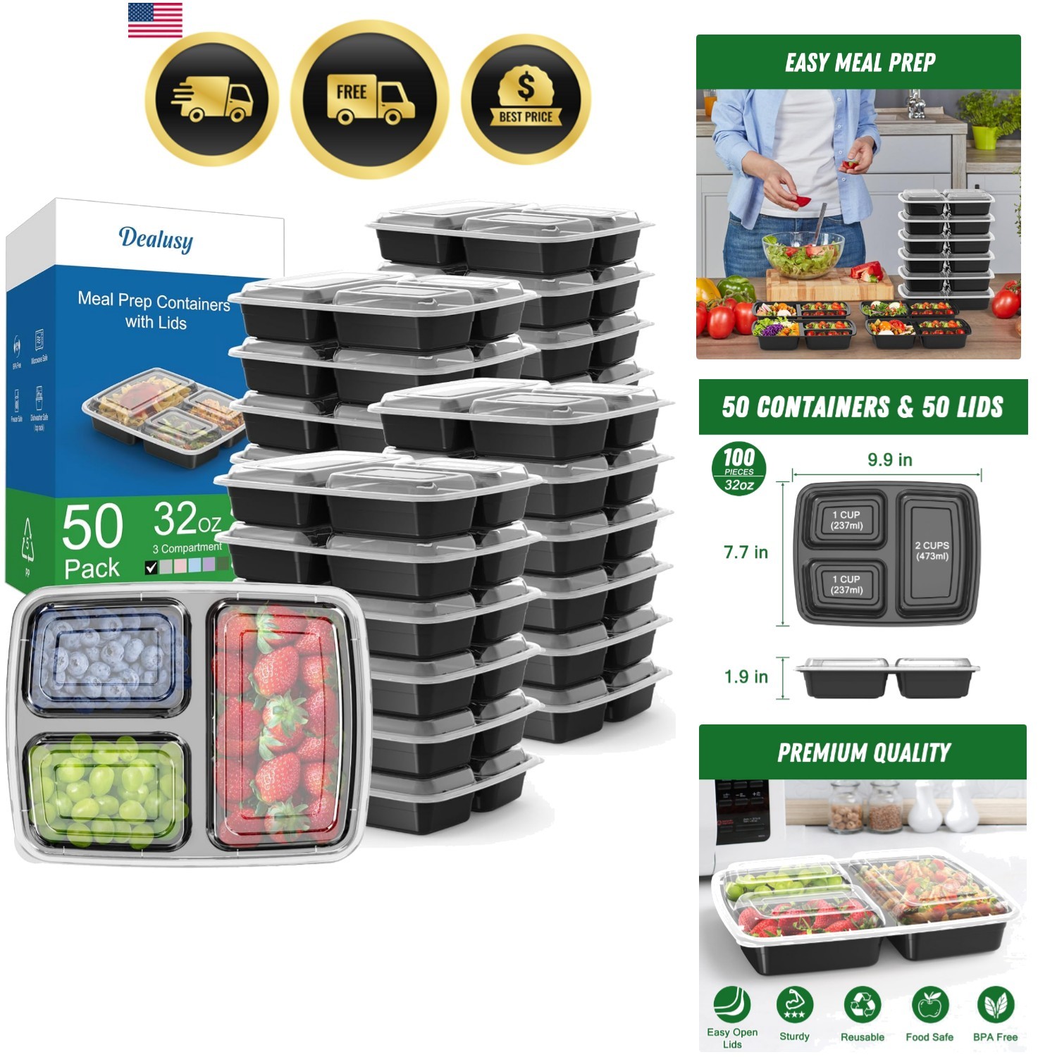 Meal Prep Containers 32 oz 50 Pack Reusable Leakproof Food Storage Plastic