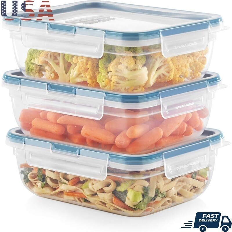 Plastic Food Storage Containers 8.5 Cup 3-Pack Airtight BPA-Free Microwave Safe