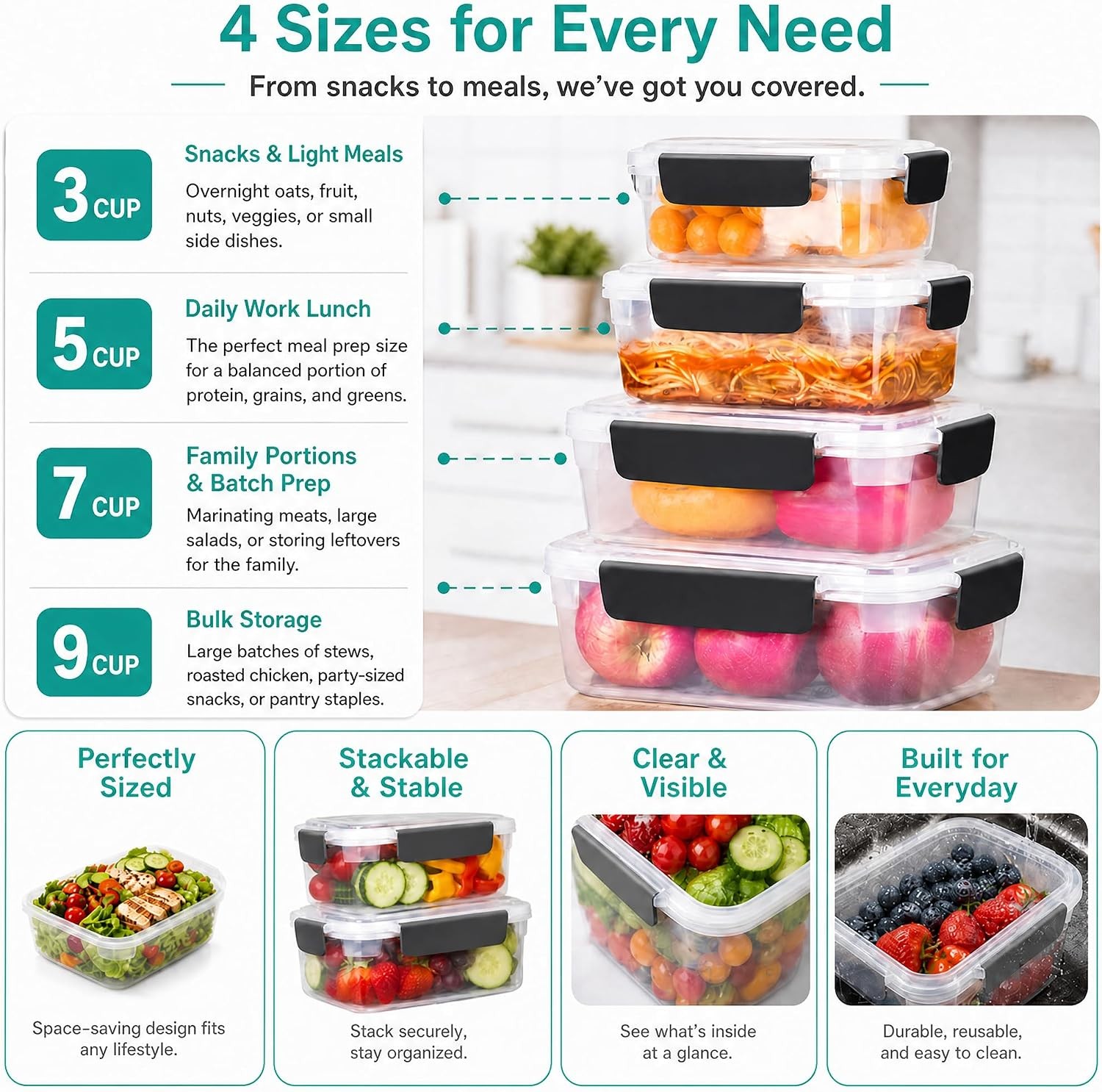 5cup Plastic Food Storage Containers With Lids For Lunch Meal Prep,5pk
