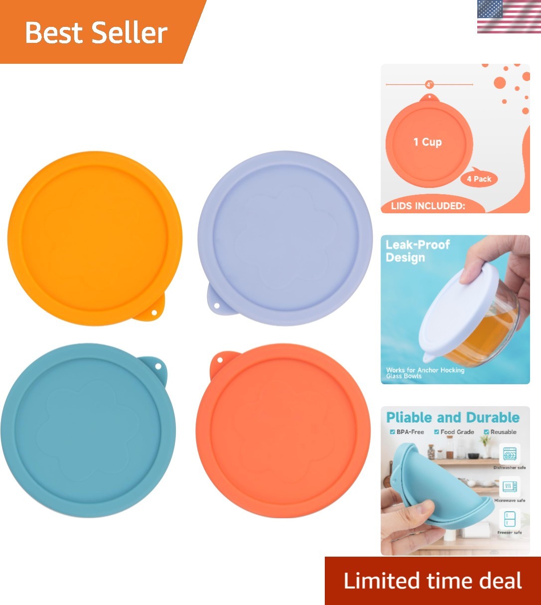 1 Cup Round Silicone Storage Cover Lids Replacement for Anchor Hocking and Py…