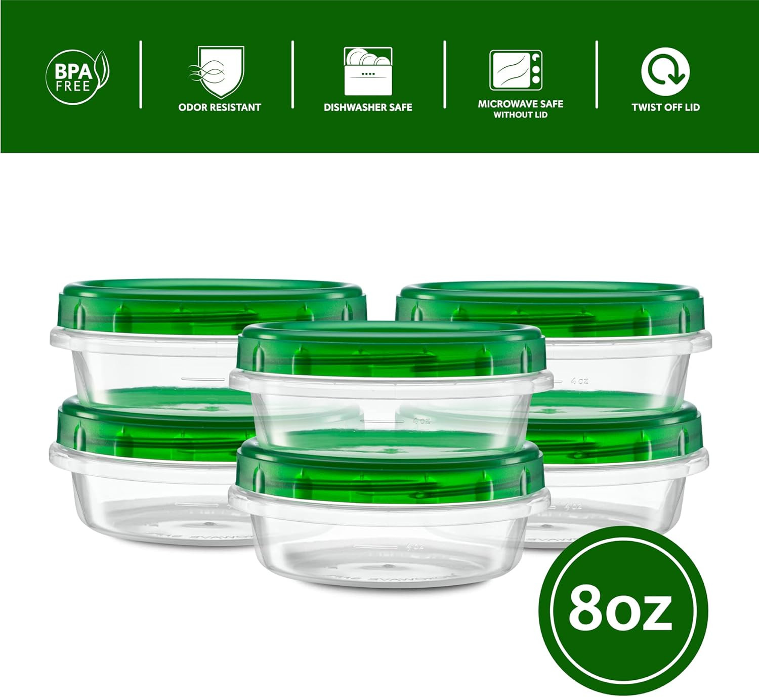 (8 Ounce 10 Pack) Twist Cap Containers Clear Bottom with Green Top Screw on Lids