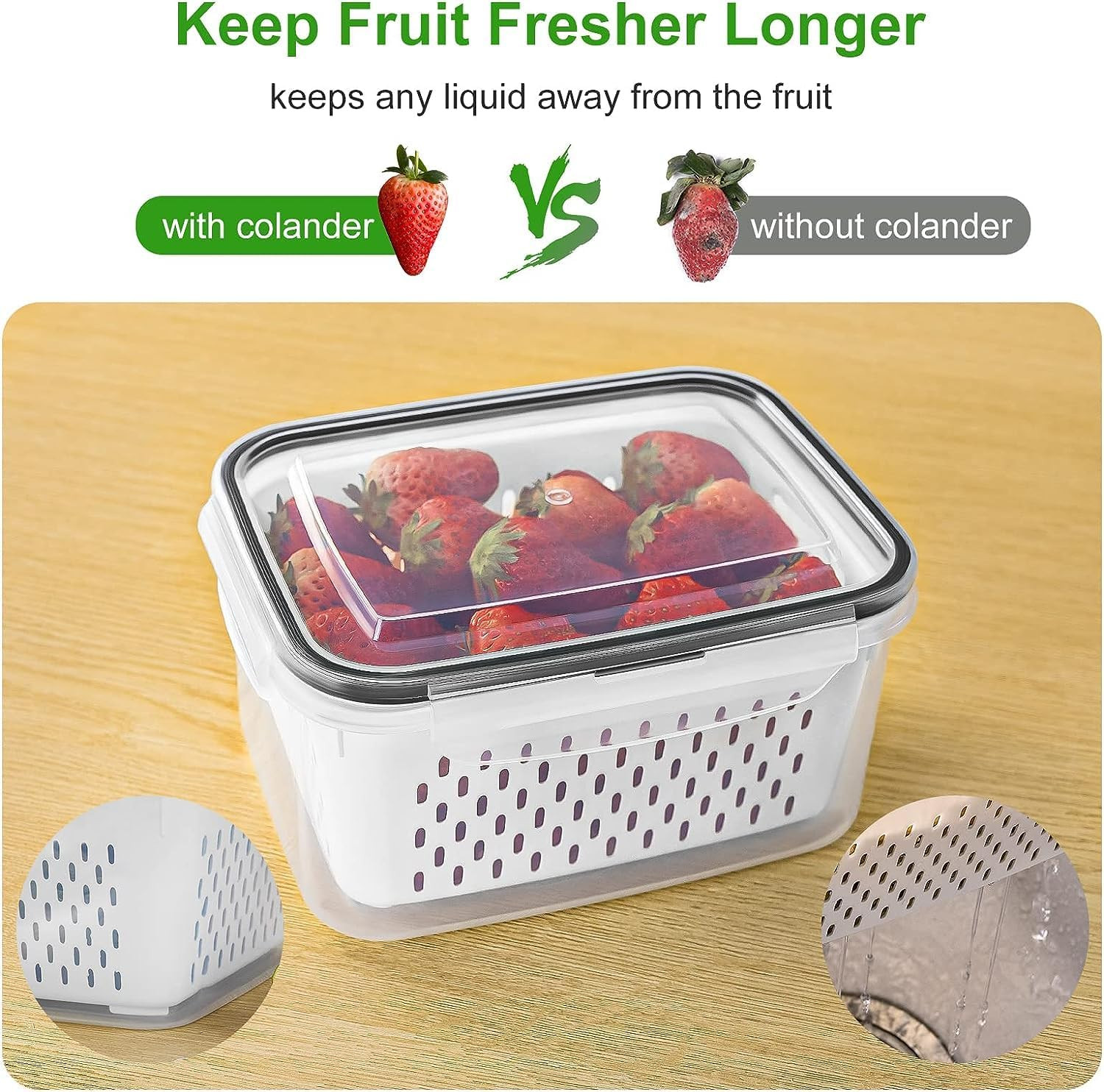 Fruit Storage Containers for Fridge with Removable Colander, Airtight Food Stora