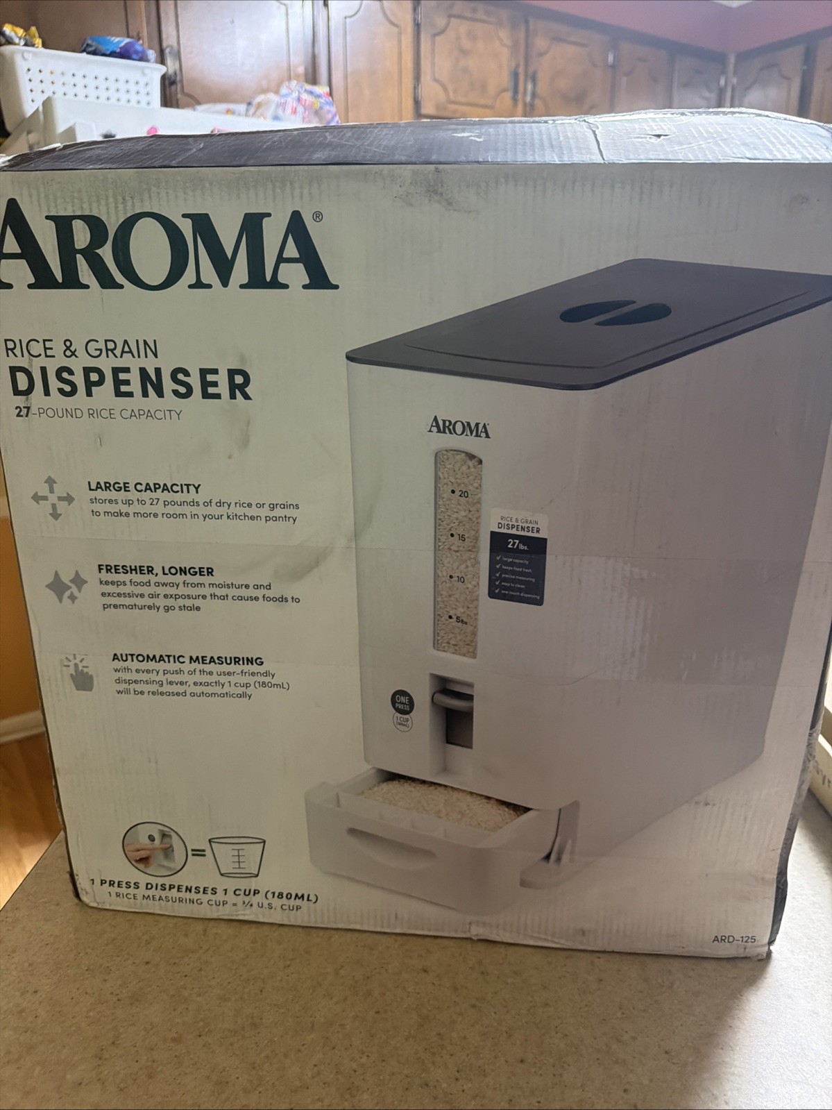 Aroma Housewares 27lbs Large Rice Dispenser, 7.25 x 16.5 x 16.5 inches, White