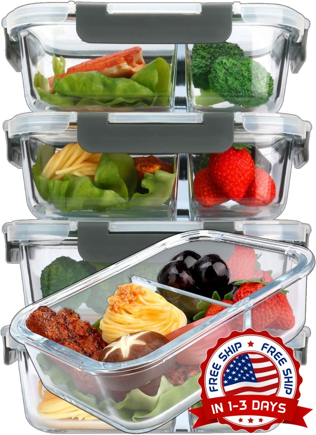 Recipientes de vidrio para preparar comidas(paquete de 5,36 oz,2 compartimentos)