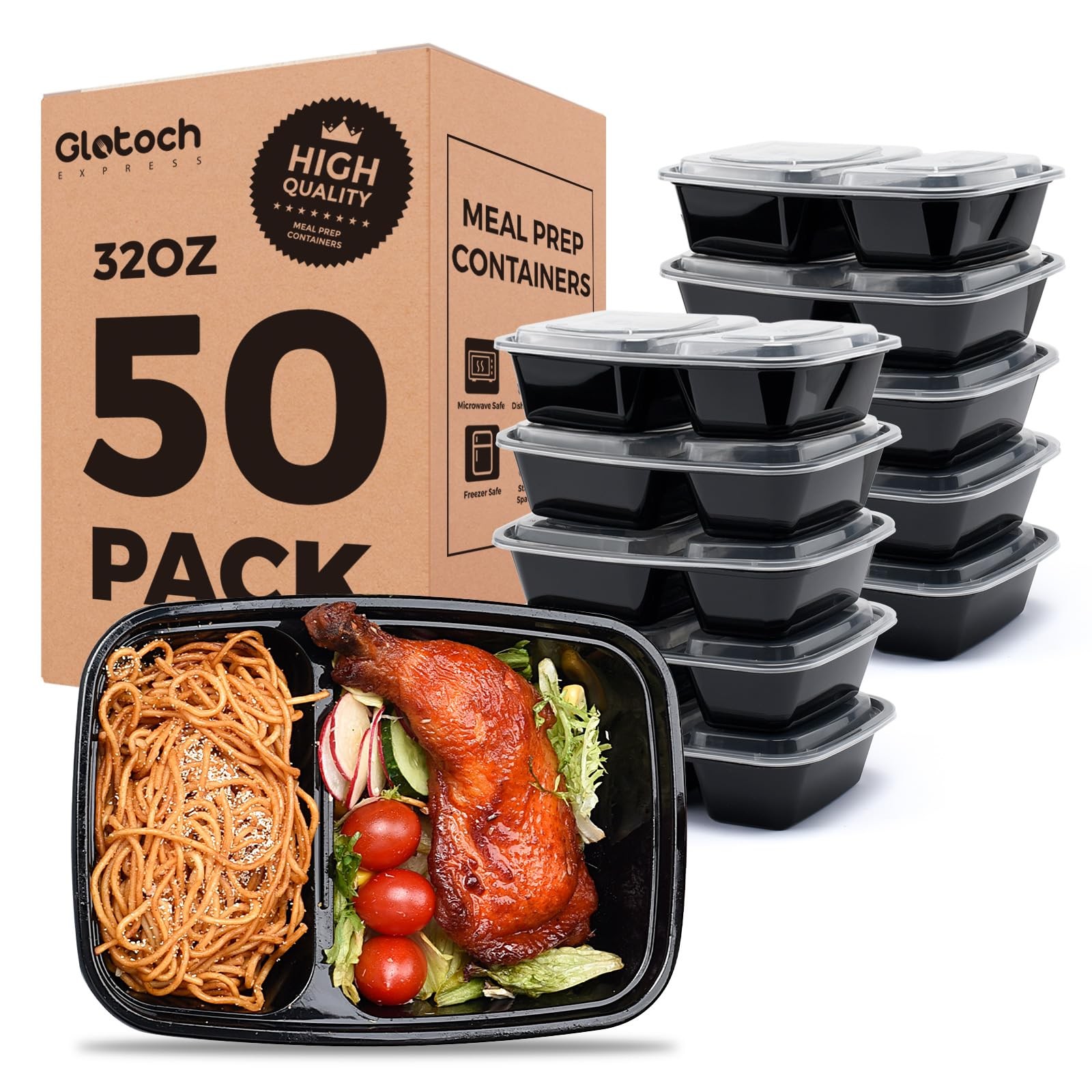 50 Pack (100-Piece) 32 oz Sturdy Leakproof 2-Compartment Meal Prep Containers…