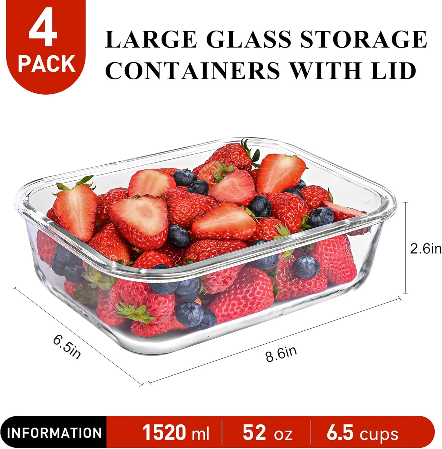 4 Pack 52Oz Large Glass Food Storage Containers with Lids, Meal Prep Containers