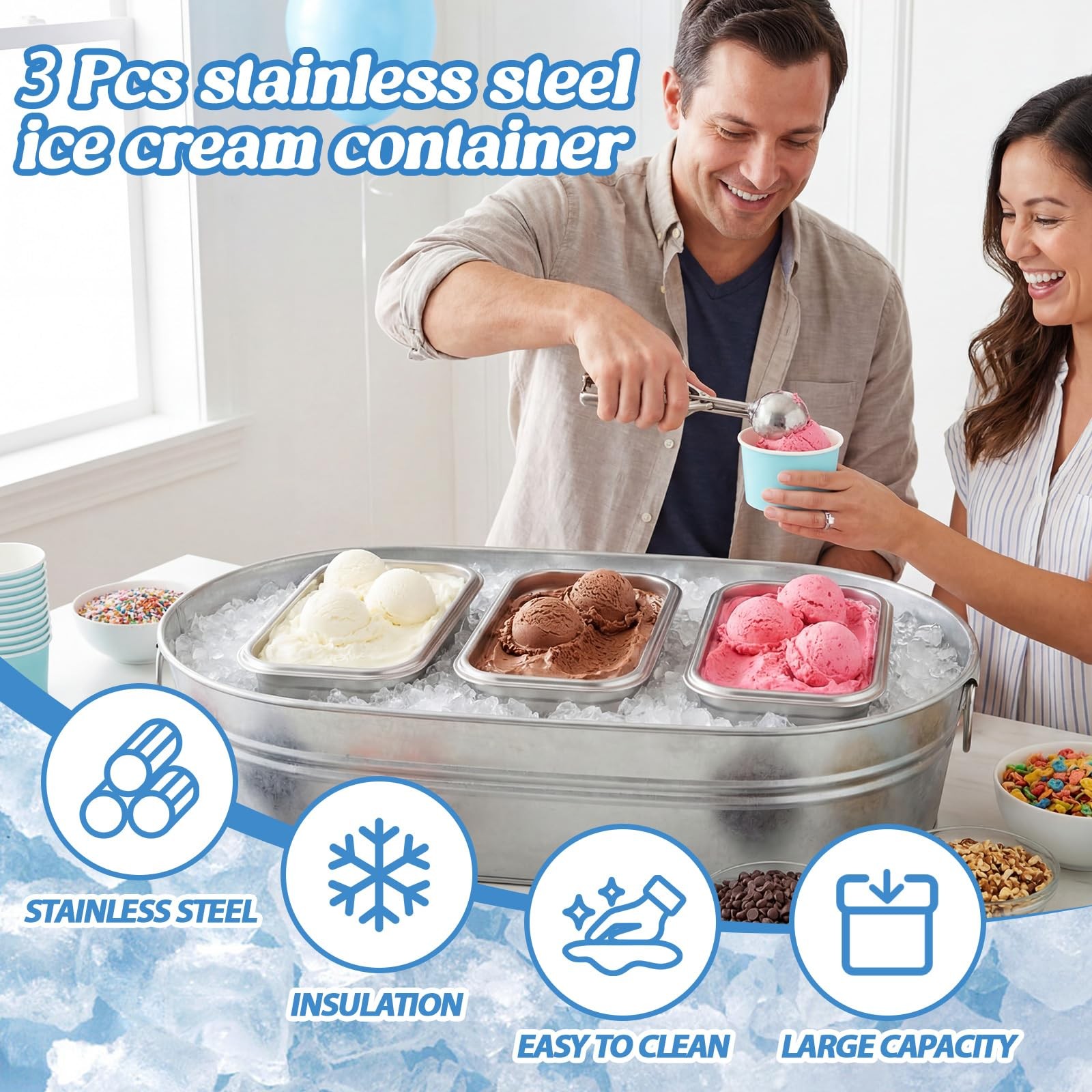 3 Pcs Reusable Stainless Steel Ice Cream Storage Containers with Lids 1.2 Qua…